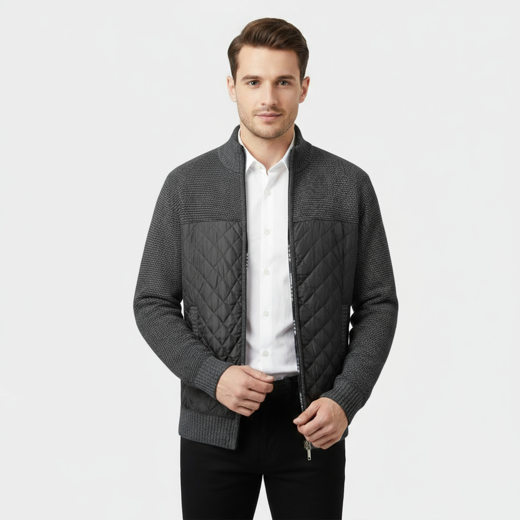 Men’s Hybrid Quilted Knit Jacket – Marled Knit and Nylon Zip Jacket