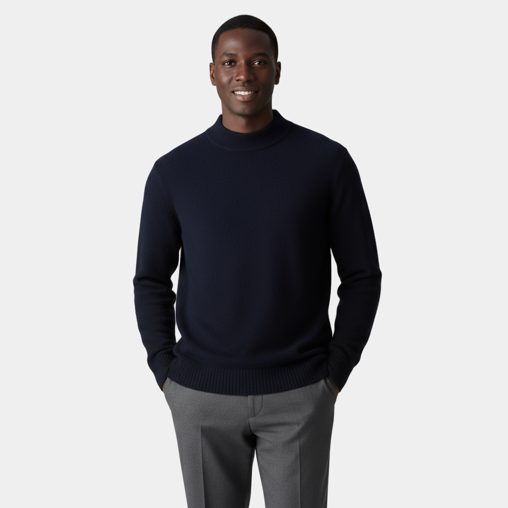 Men's Merino Half-High Mock Neck Knit Jumper with Ribbed Trims