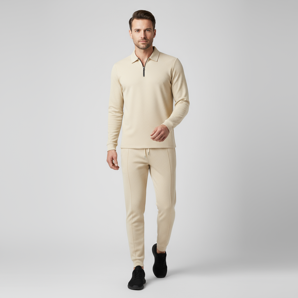 Men’s Cotton-Blend Tracksuit Set – Zip-Polo Top and Tapered Joggers