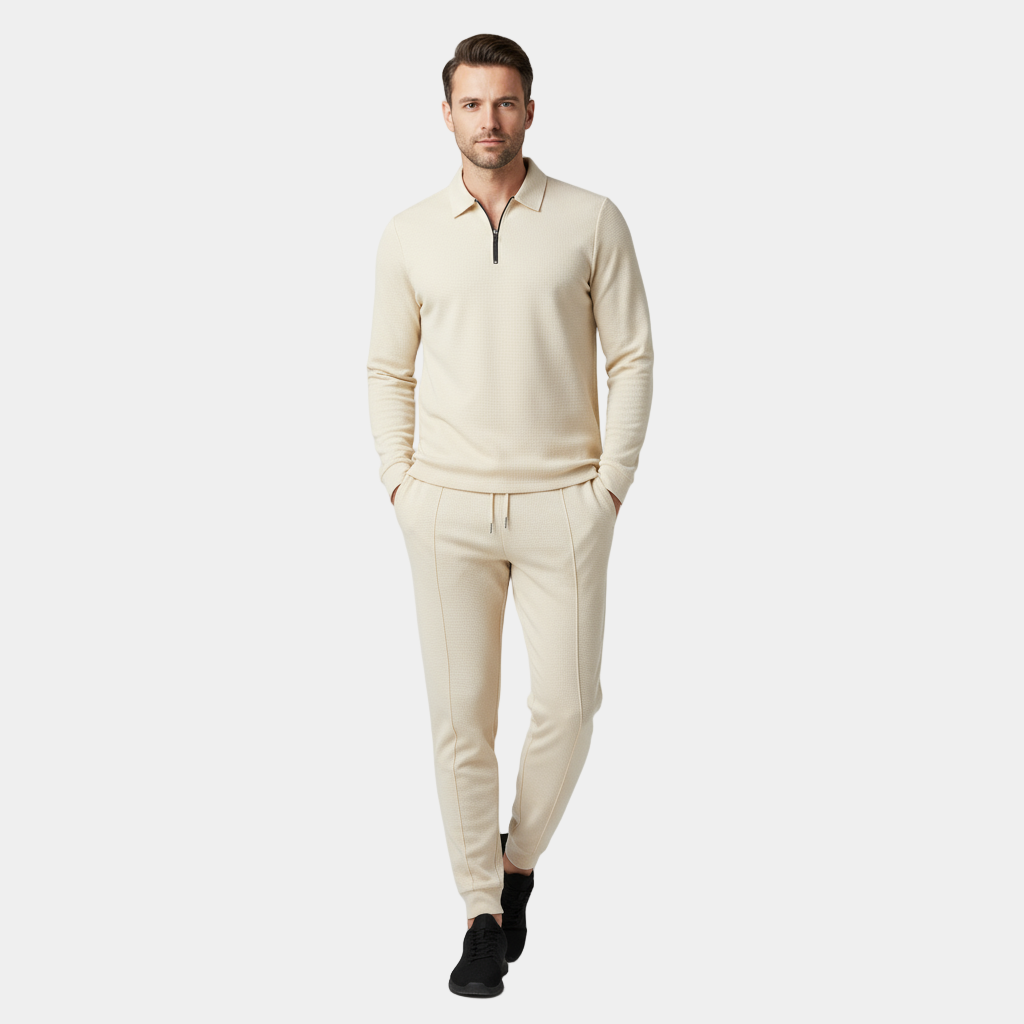 Men’s Cotton-Blend Tracksuit Set – Zip-Polo Top and Tapered Joggers