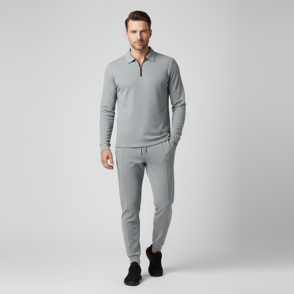Men’s Cotton-Blend Tracksuit Set – Zip-Polo Top and Tapered Joggers