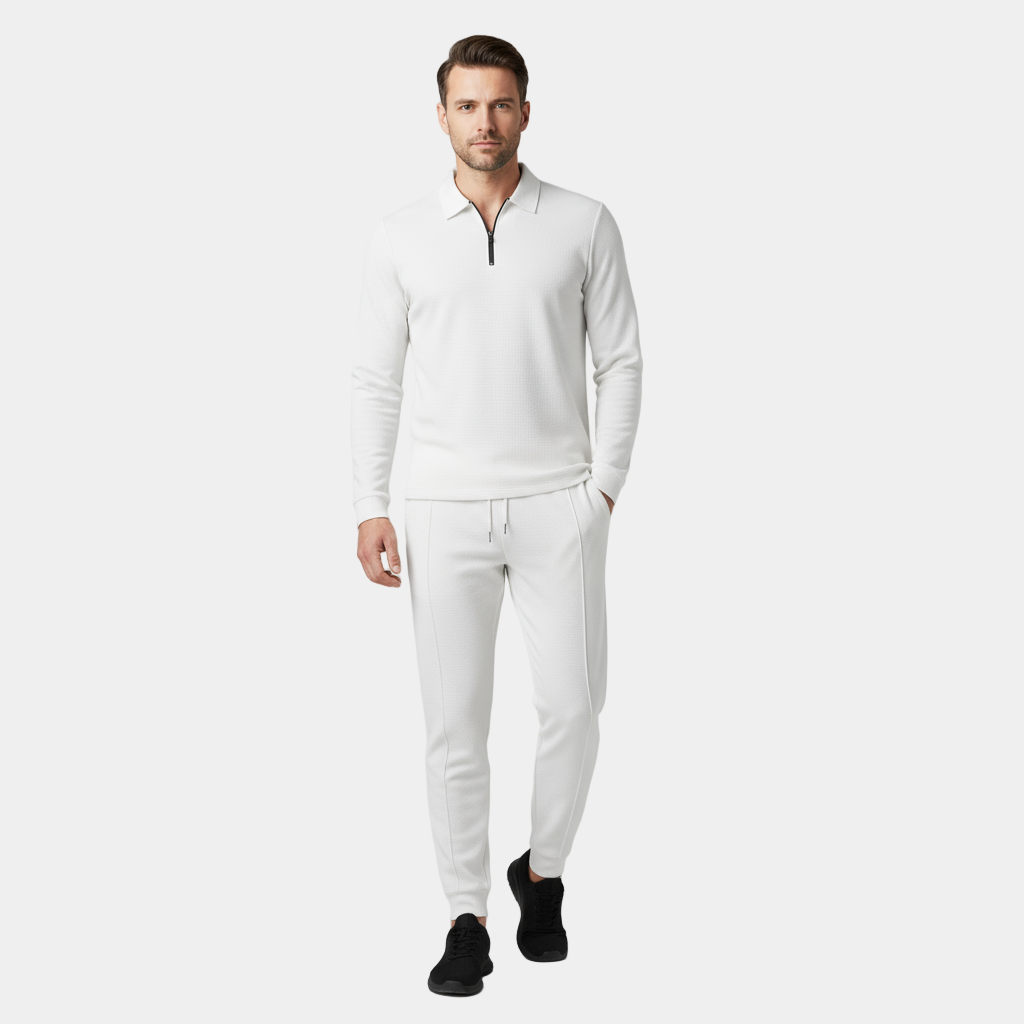 Men’s Cotton-Blend Tracksuit Set – Zip-Polo Top and Tapered Joggers