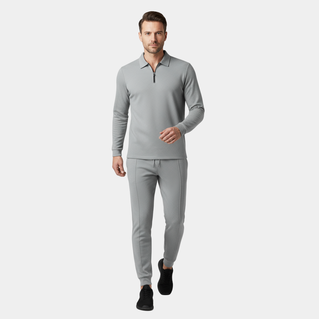 Men’s Cotton-Blend Tracksuit Set – Zip-Polo Top and Tapered Joggers