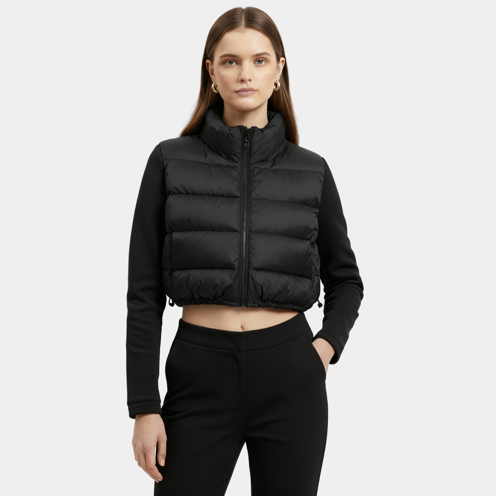 Women’s Short Padded Jacket with Stand Collar and Adjustable Hem Drawcord