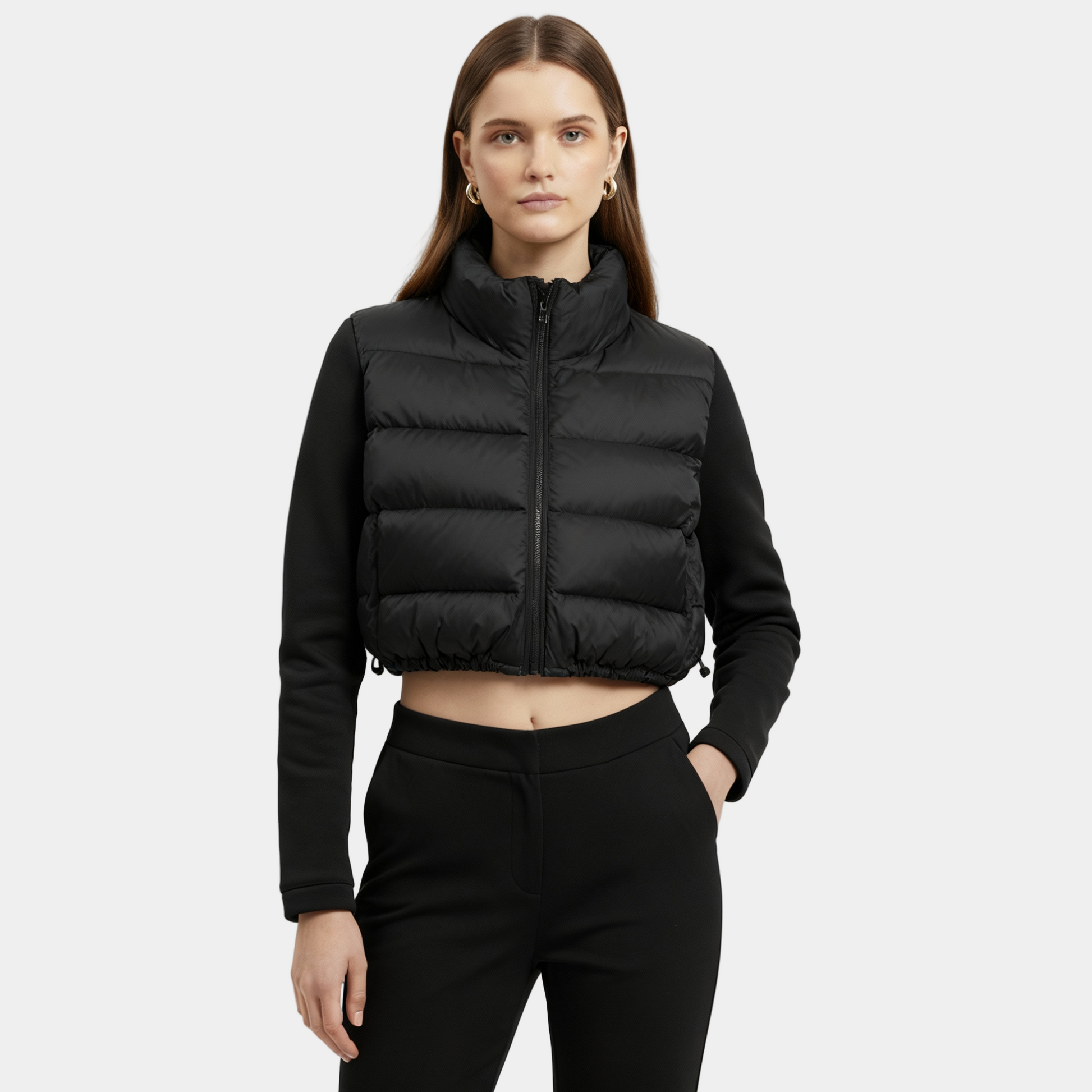 Women’s Short Padded Jacket with Stand Collar and Adjustable Hem Drawcord