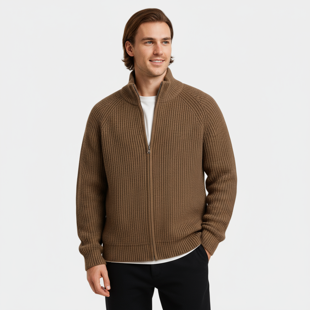 Men’s Ribbed Full-Zip Turtleneck Sweater - Knit Jumper