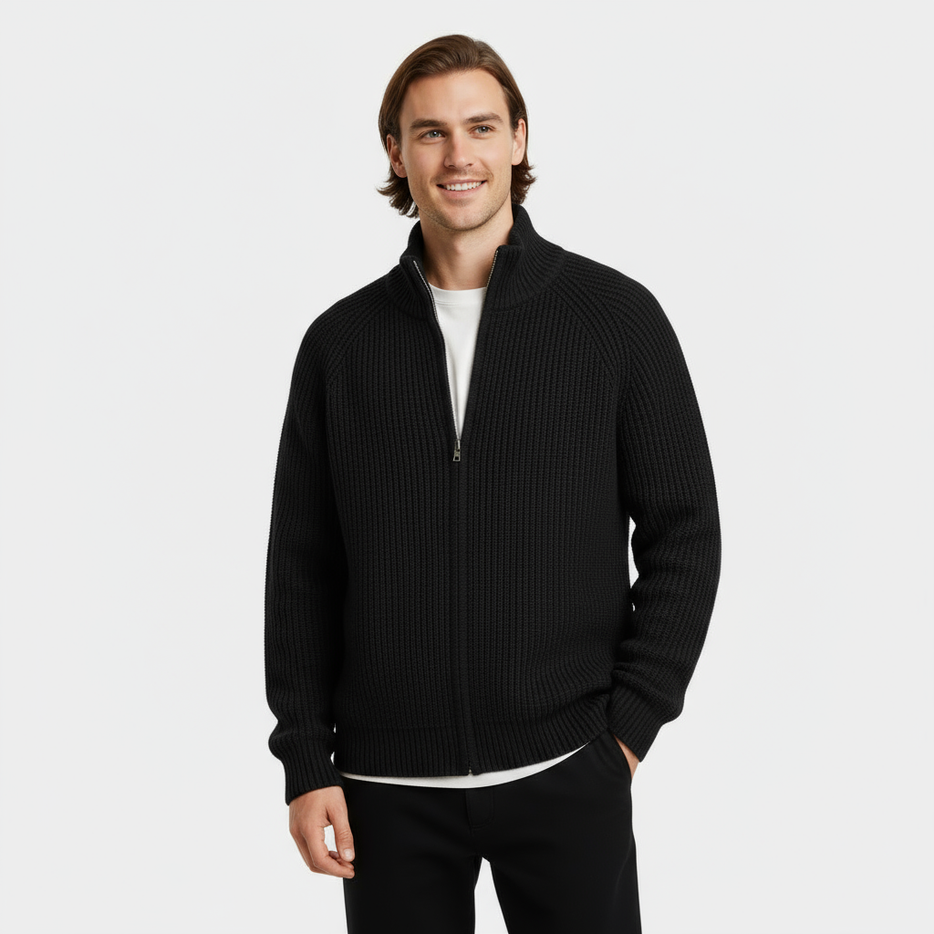 Men’s Ribbed Full-Zip Turtleneck Sweater - Knit Jumper