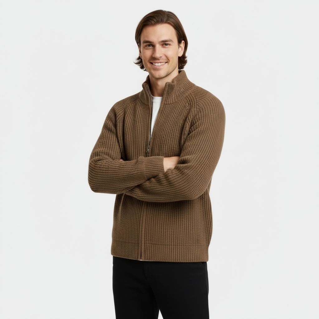Men’s Ribbed Full-Zip Turtleneck Sweater - Knit Jumper