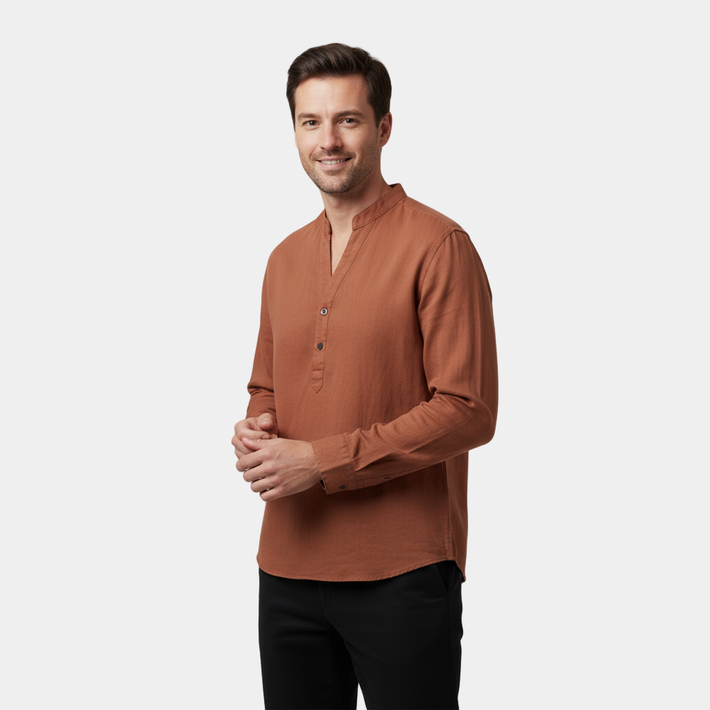Men’s Linen Grandad Shirt - Lightweight Long-Sleeve