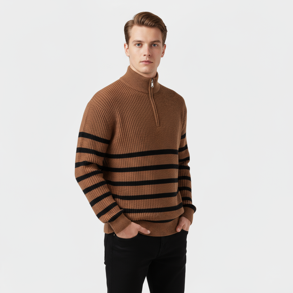 Men’s Striped Quarter Zip Sweater - Ribbed Knit Pullover
