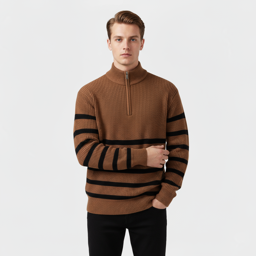 Men’s Striped Quarter Zip Sweater - Ribbed Knit Pullover