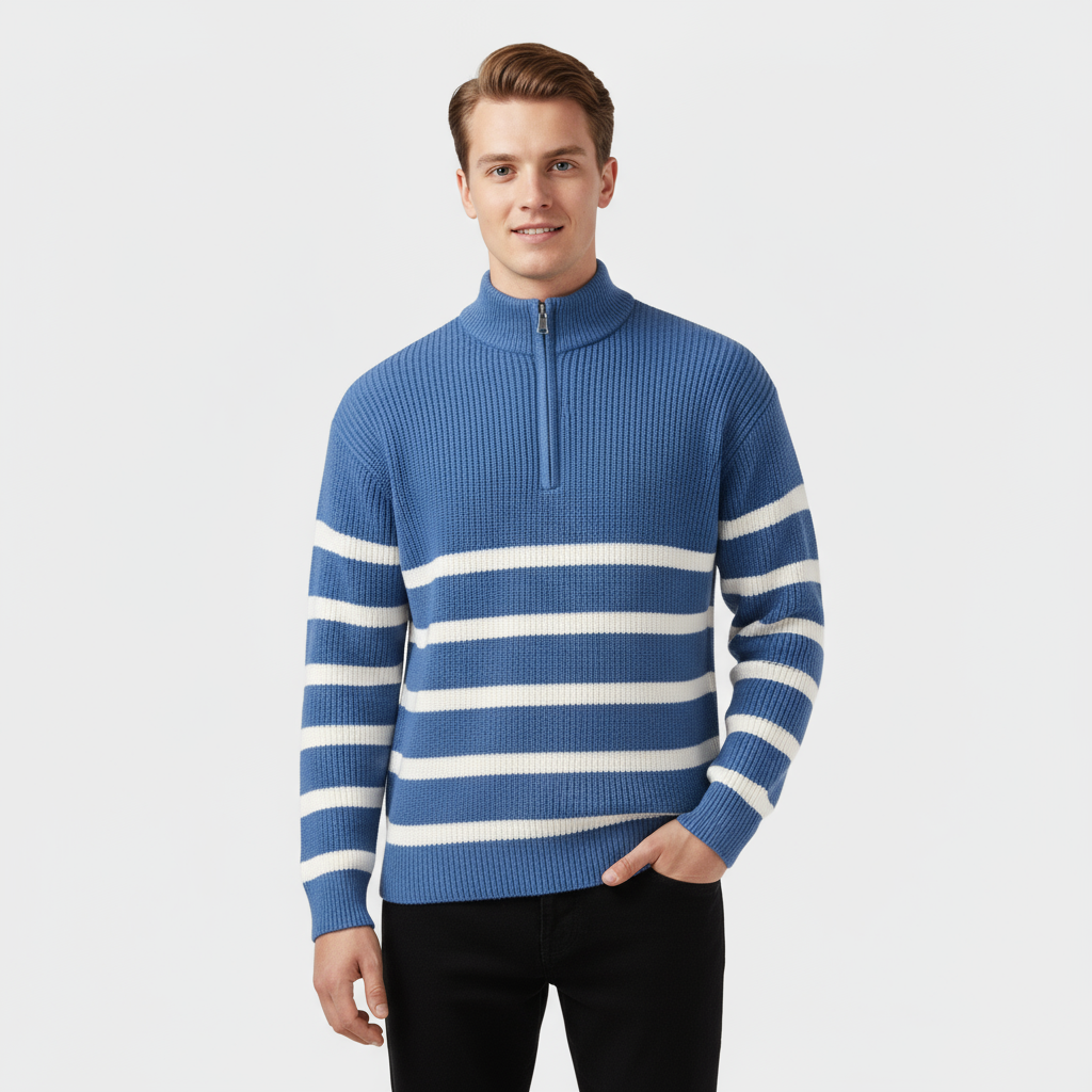 Men’s Striped Quarter Zip Sweater - Ribbed Knit Pullover