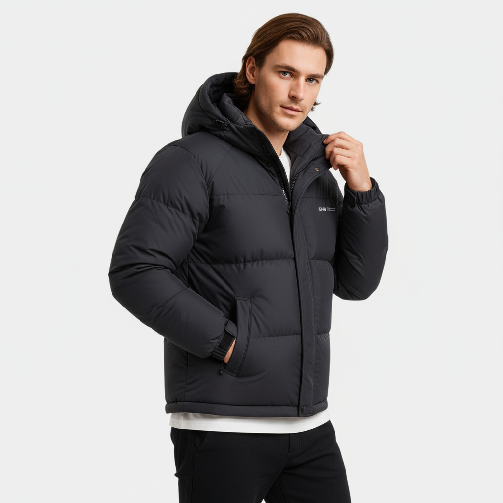 Men's Matte Puffer Jacket – Insulated Hooded Coat with Baffle Quilting